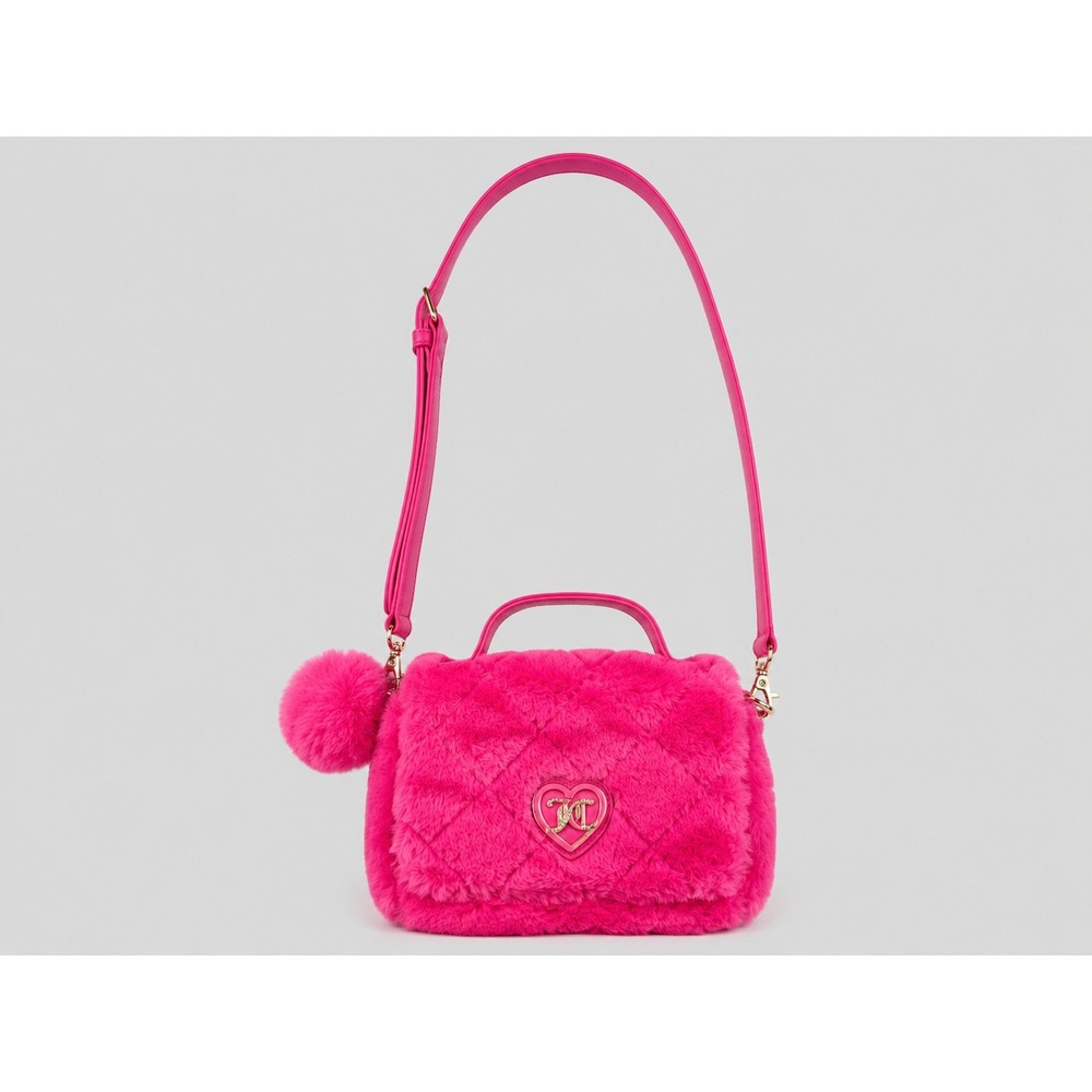 Juicy Couture Hot Pink Faux Fur Quilted Crossbody Bag Heart Logo Pom Pom‎ Charm